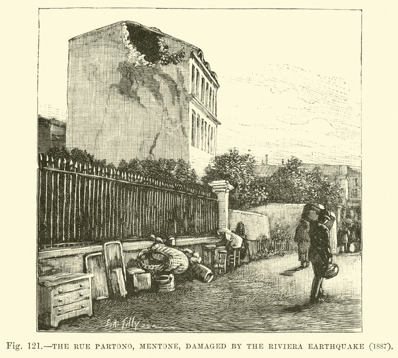 La rue Partono, Menton, endommagée par le tremblement de terre de la Riviera, 1887 - English School