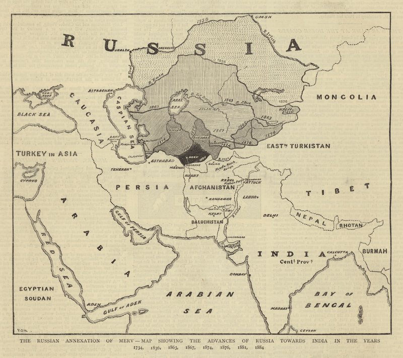 Annexion russe de Merv, Carte montrant les avancées de la Russie vers l