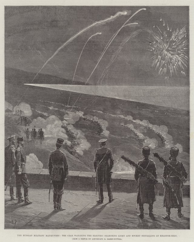 Les manœuvres militaires russes, le tsar observant la lumière de recherche électrique et le signalement de la fusée à Krasnoe-Selo (gravure) - English School
