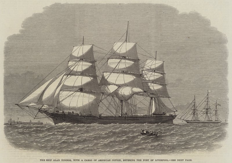 Le navire Glad Tidings, avec une cargaison de coton américain, entrant dans le port de Liverpool (gravure) - English School