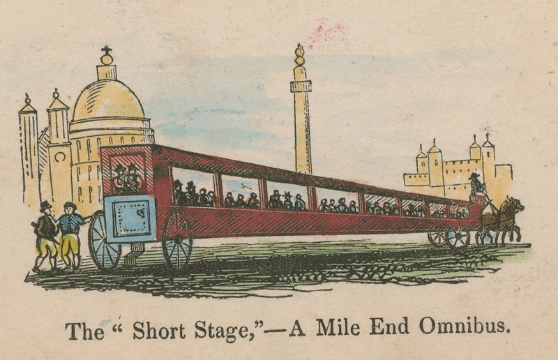 Le court trajet - un omnibus de Mile End; caricature - English School