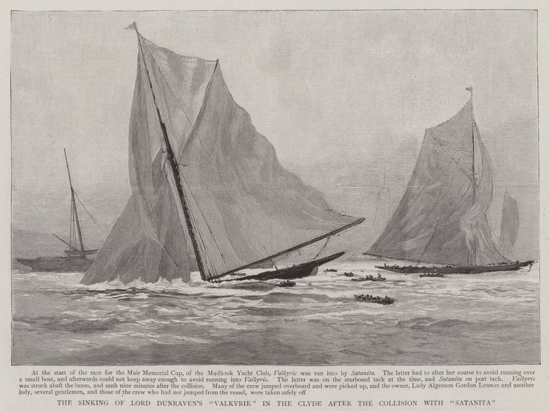 Le naufrage du "Valkyrie" de Lord Dunraven dans la Clyde après la collision avec le "Satanita" (gravure) - English School