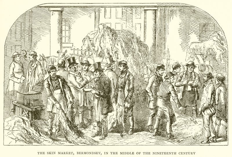 Le marché de la peau, Bermondsey, au milieu du XIXe siècle - English School
