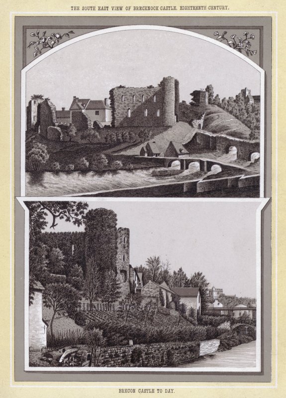 Vue sud-est du Château de Brecknock, XVIIIe siècle ; Château de Brecon aujourd
