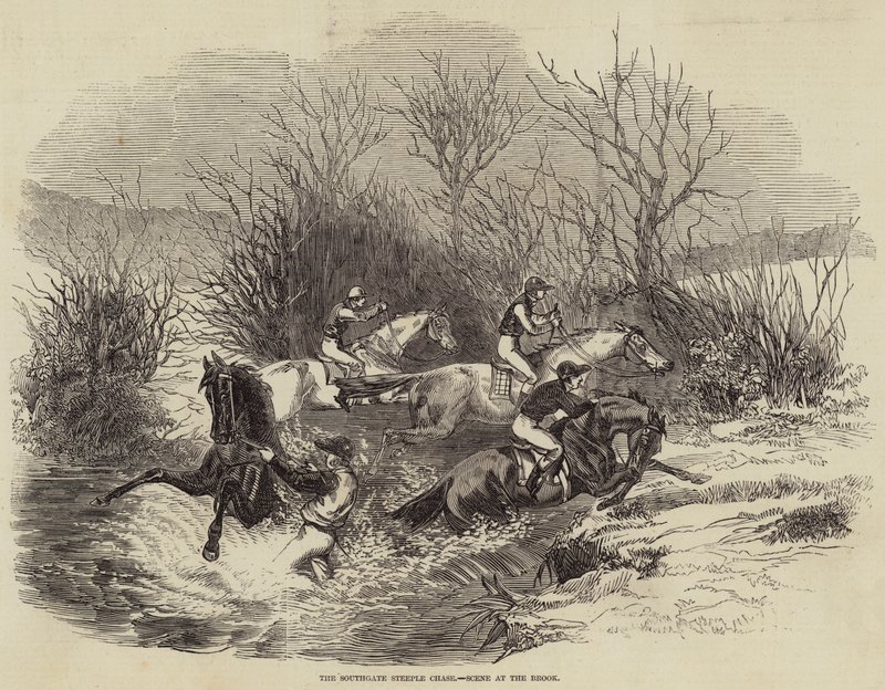 La course de steeple-chase de Southgate, scène au ruisseau (gravure) - English School