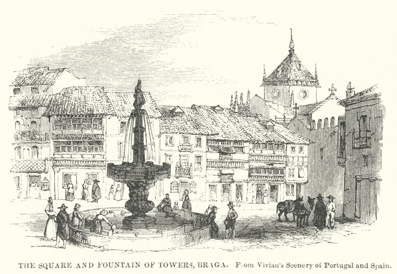 La place et la fontaine des tours, Braga (gravure) - English School