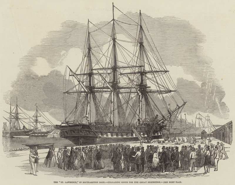 Le "St Lawrence" dans le port de Southampton, déchargeant des marchandises pour la Grande Exposition (gravure) - English School