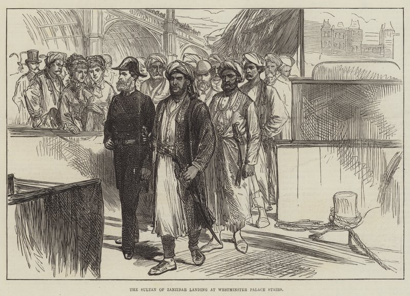 Le sultan de Zanzibar débarquant aux escaliers du palais de Westminster (gravure) - English School