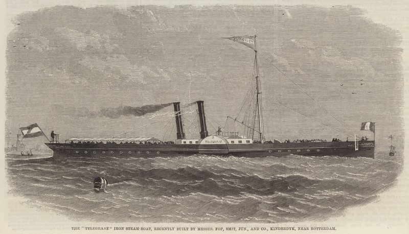 Le bateau à vapeur en fer "Telegraaf", récemment construit par Messers Fop, Smit, Junior et Compagnie, Kinderdyk, près de Rotterdam - English School