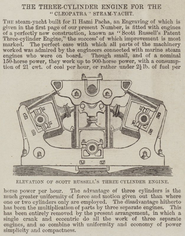 Le moteur à trois cylindres pour le yacht à vapeur "Cleopatra" (gravure) - English School