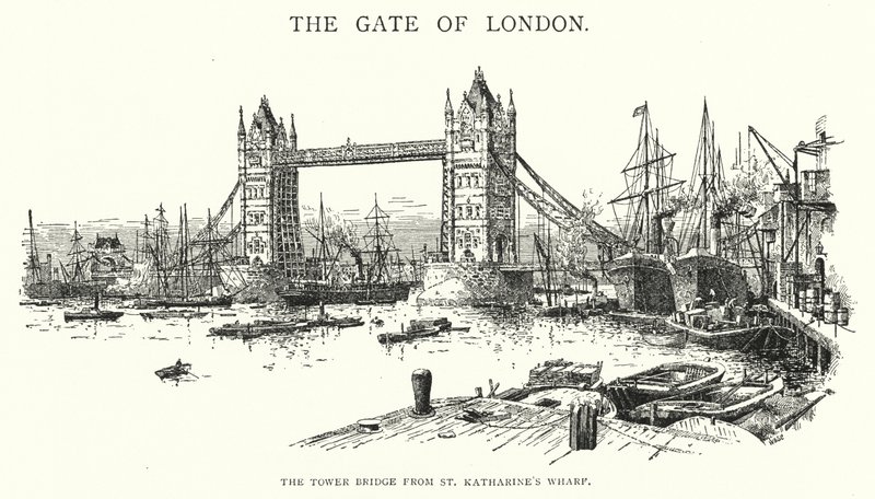 Le Tower Bridge depuis le quai de St Katharine (gravure) - English School