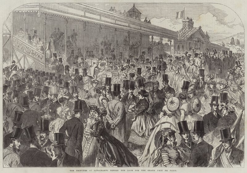Les tribunes à Longchamps avant la course pour le Grand Prix de Paris (gravure) - English School
