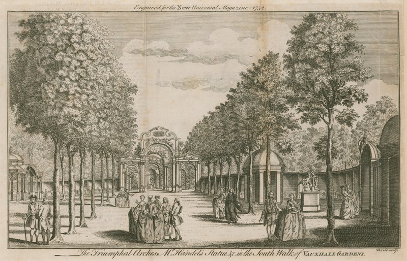 Les Arches Triomphales, la statue de M. Handel, dans la promenade sud des jardins de Vauxhall, Londres - English School