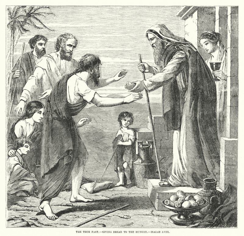 Le vrai jeûne, donner du pain aux affamés, Isaïe LVIII (gravure) - English School