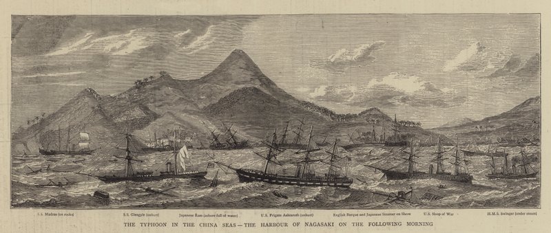 Le typhon dans les mers de Chine, le port de Nagasaki le lendemain matin (gravure) - English School