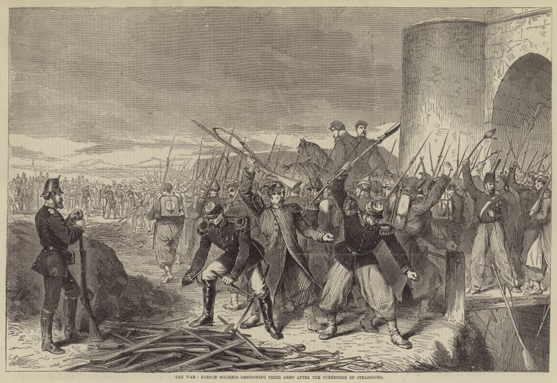 La guerre, soldats français détruisant leurs armes après la reddition de Strasbourg (gravure) - English School
