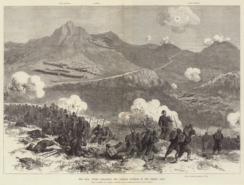 La guerre, les Turcs attaquent la position russe dans le col de Shipka (gravure) - English School