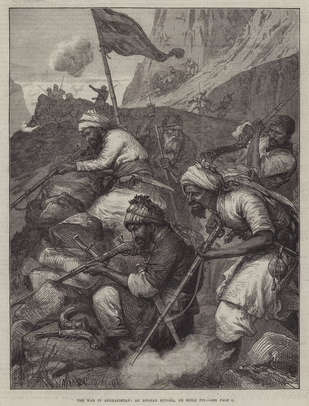 La guerre en Afghanistan, un Sungha afghan, ou fosse à fusils (gravure) - English School