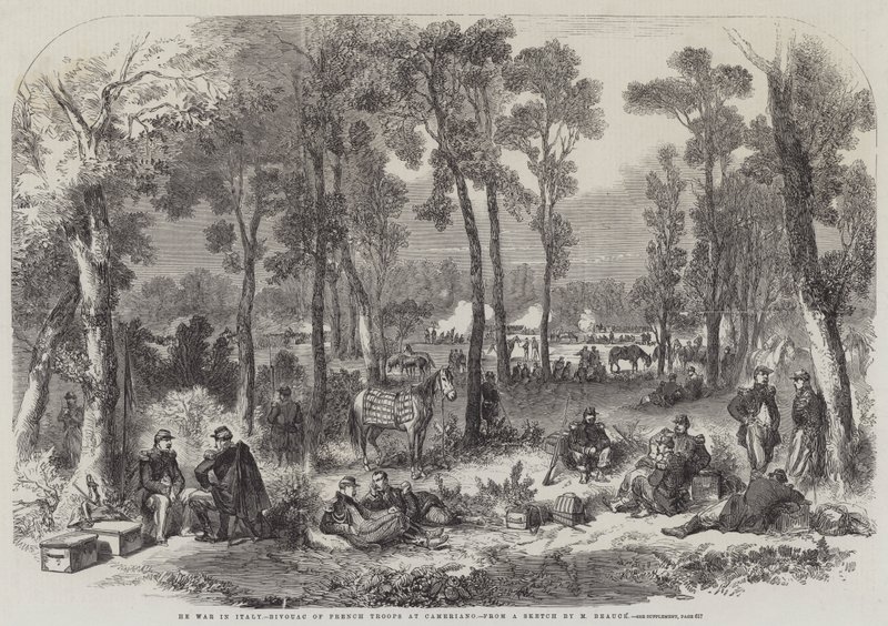 La guerre en Italie, bivouac des troupes françaises à Cameriano (gravure) - English School