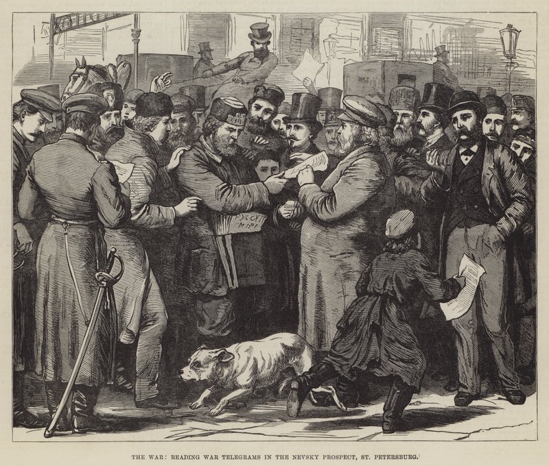 La guerre, lecture des télégrammes de guerre sur la perspective Nevski, Saint-Pétersbourg - English School