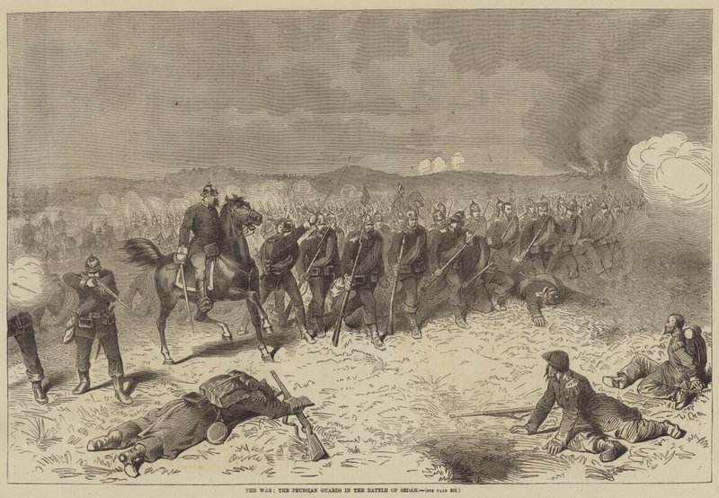 La guerre, les gardes prussiens à la bataille de Sedan (gravure) - English School