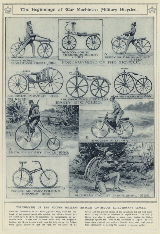 Les débuts des machines de guerre, vélos militaires, précurseurs du vélo militaire moderne, étapes évolutives continues - English School