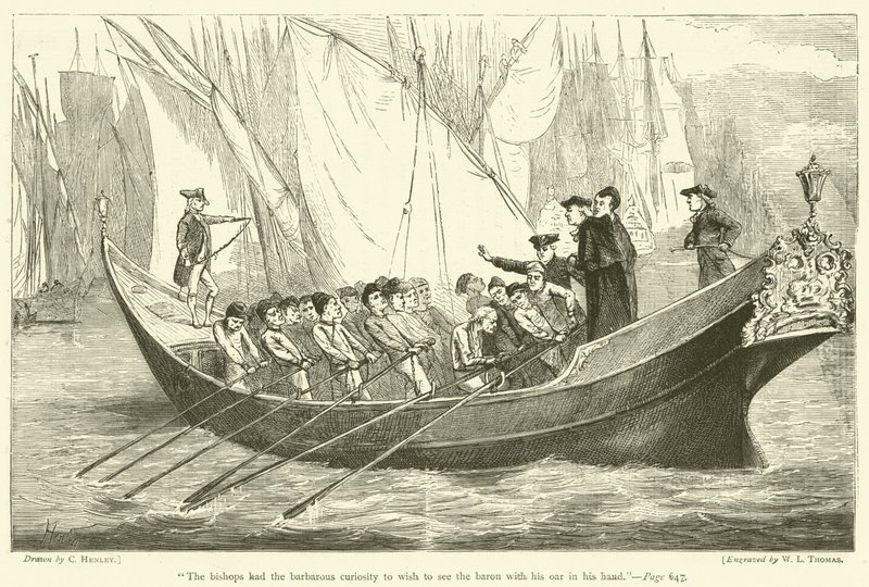 "Les évêques ont eu la curiosité barbare de vouloir voir le baron avec sa rame à la main" (gravure) - English School