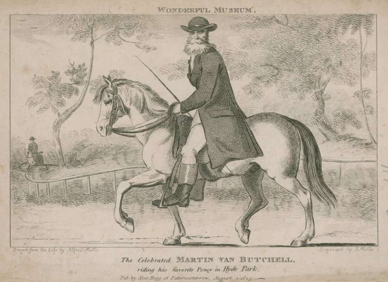 Le célèbre Martin Van Butchell chevauchant son poney préféré à Hyde Park - English School