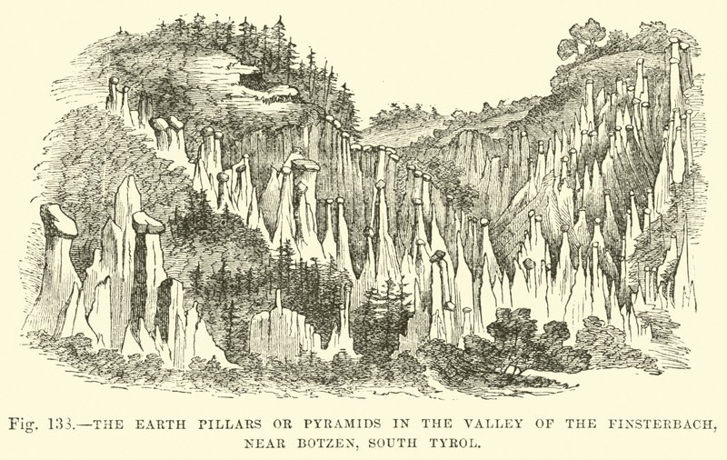 Les piliers ou pyramides de terre dans la vallée du Finsterbach, près de Botzen, Tyrol du Sud - English School