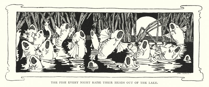 Les poissons lèvent la tête hors du lac chaque nuit (gravure) - English School