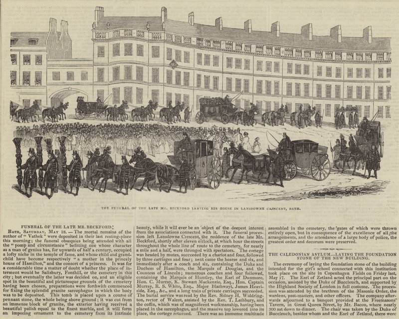 Les funérailles de feu M. William Beckford, quittant sa maison à Lansdowne Crescent, Bath (gravure) - English School