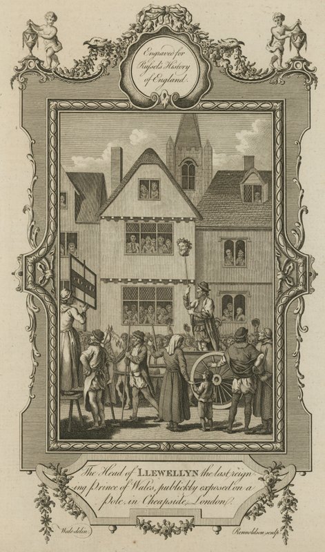 La tête de Llewellyn, le dernier prince régnant du Pays de Galles, exposée publiquement sur un poteau à Cheapside, Londres - English School