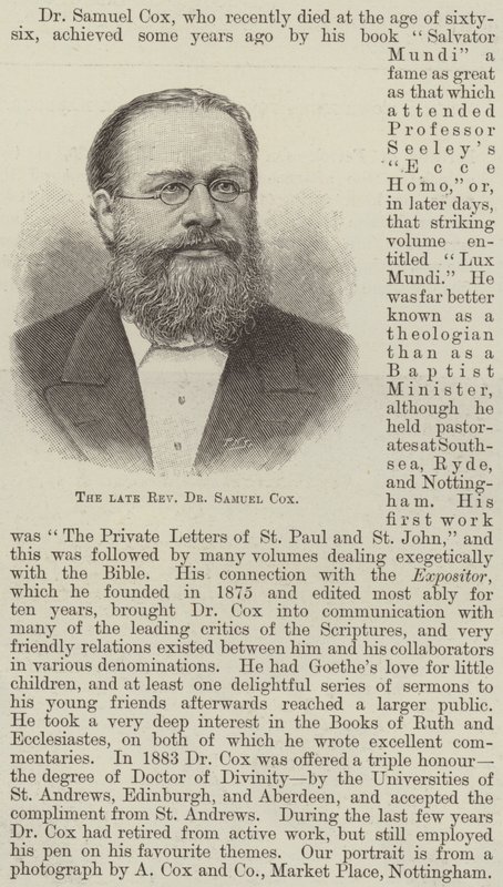 Le défunt Révérend Dr Samuel Cox (gravure) - English School
