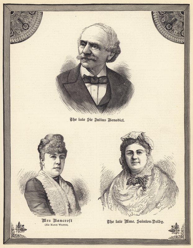 Feu Sir Julius Benedict, Mrs Bancroft (née Marie Wilton), feu Madame Sainton Dolby (gravure) - English School