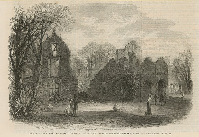 Le récent incendie à Campden House : vue de la façade du jardin montrant les restes du théâtre - English School