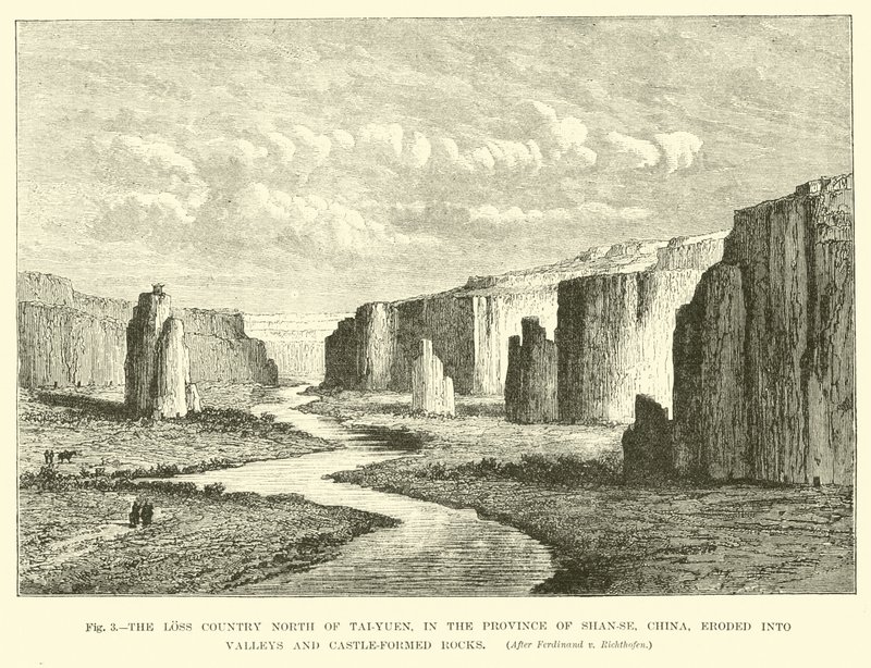 Le pays perdu au nord de Tai-Yuen, dans la province de Shan-se, Chine, érodé en vallées et rochers en forme de château - English School
