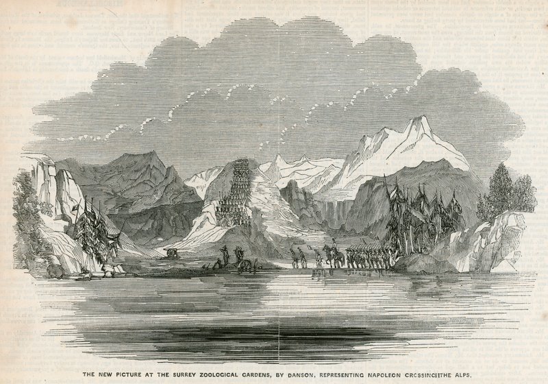 Le nouveau tableau aux Surrey Zoological Gardens, par Danson, représentant Napoléon traversant les Alpes - English School