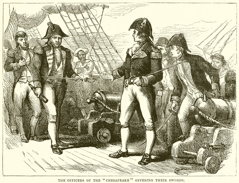 Les officiers du Chesapeake offrant leurs épées - English School