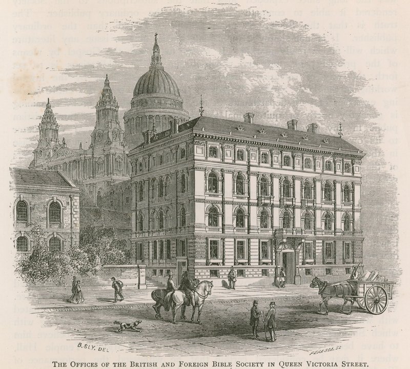 Les bureaux de la British and Foreign Bible Society dans Queen Victoria Street, Londres - English School