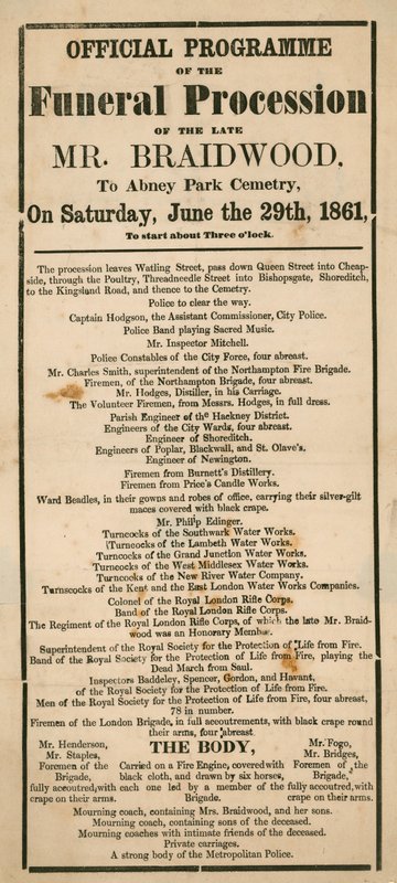 Le programme officiel du cortège funèbre du défunt M. Braidwood, surintendant de la brigade des pompiers de Londres - English School
