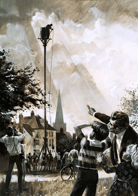 Le record de rester assis sur un poteau était détenu par Jim Dean de Dallas, Texas (gouache sur papier) - English School