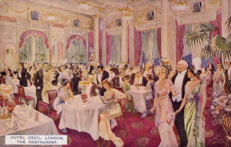 Le restaurant, Hôtel Cecil, Londres (lithographie couleur) - English School
