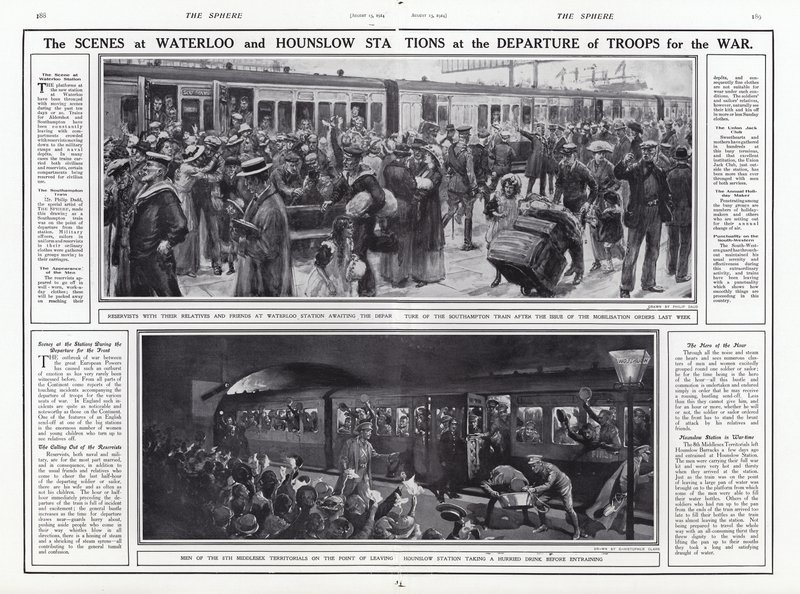 Les scènes aux gares de Waterloo et Hounslow au départ des troupes pour la guerre, Première Guerre mondiale, août 1914 - English School