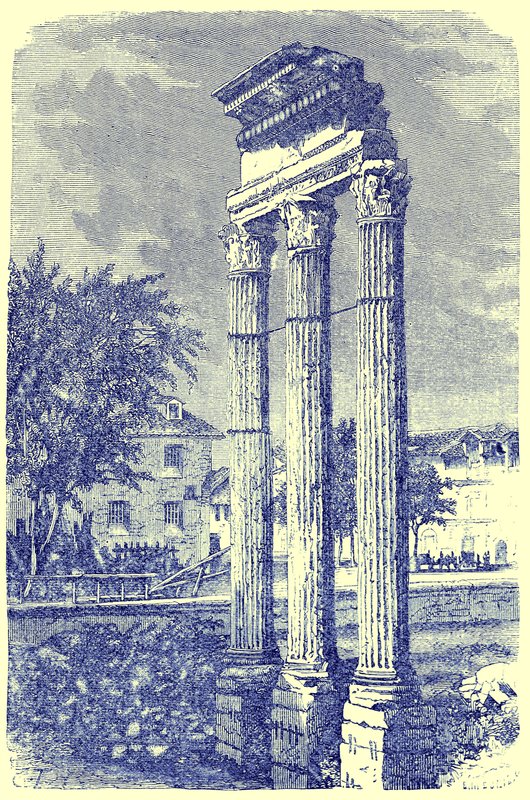 Les trois colonnes du Temple de Castor, illustration de History of Rome par Victor Duruy, publiée en 1884 - English School