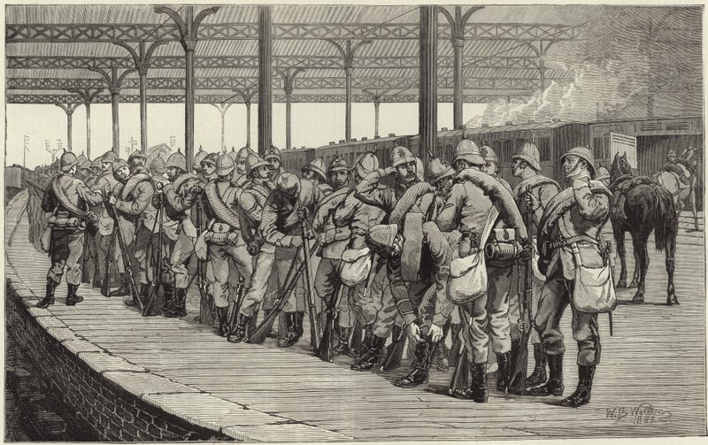 La revue des volontaires : départ du corps des artistes de la gare Victoria - English School