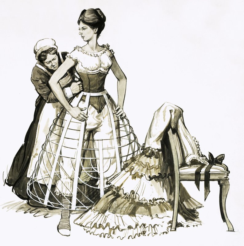 Le dispositif en fil de fer connu sous le nom de "cage crinolène" utilisé par les femmes dans les années 1850 - English School