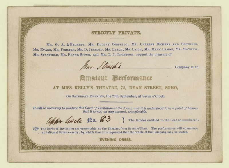 Billet pour la performance dramatique amateur de Charles Dickens, 1845 - English School
