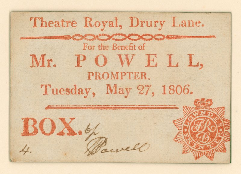 Billet pour le Théâtre de Drury Lane, Londres : Pour le bénéfice de M. Powell, souffleur, 27 mai 1806 - English School