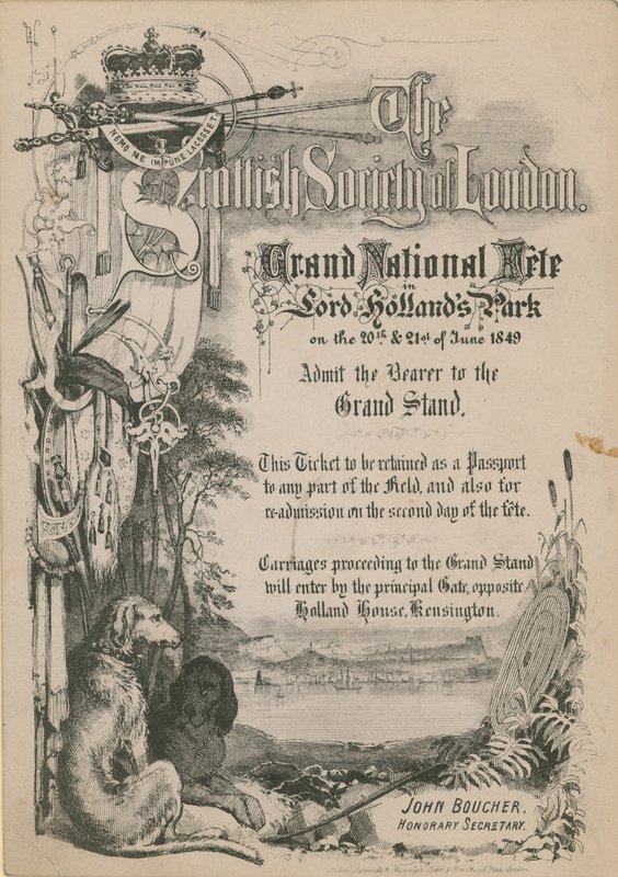 Billet pour la grande fête nationale de la Société espagnole de Londres dans le parc de Lord Holland - English School