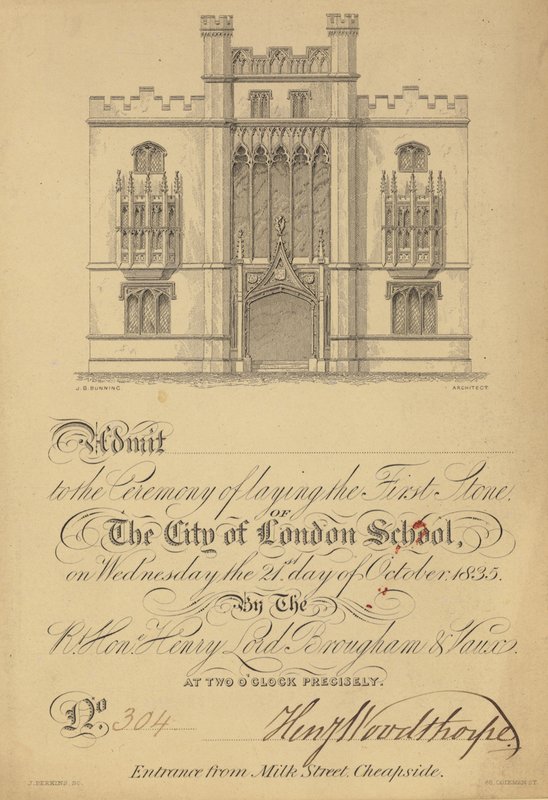 Billet pour la pose de la première pierre de la City of London School, 21 octobre 1835 - English School